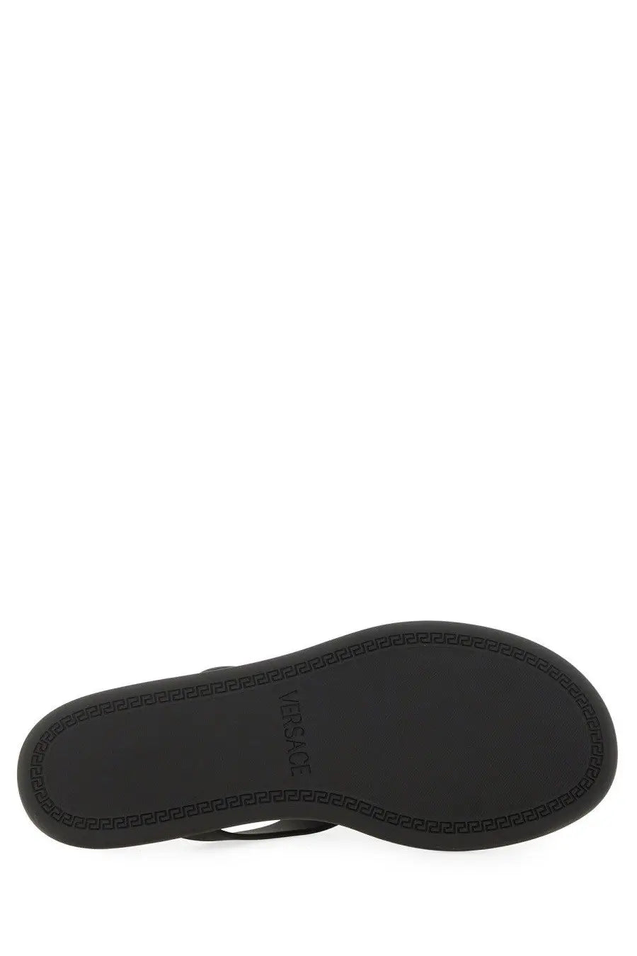 Versace women’s thong sandal alia black with black rubber sole embossed greek key pattern and versace logo