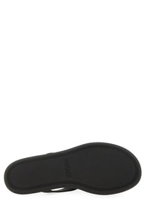 Versace women’s thong sandal alia black with black rubber sole embossed greek key pattern and versace logo