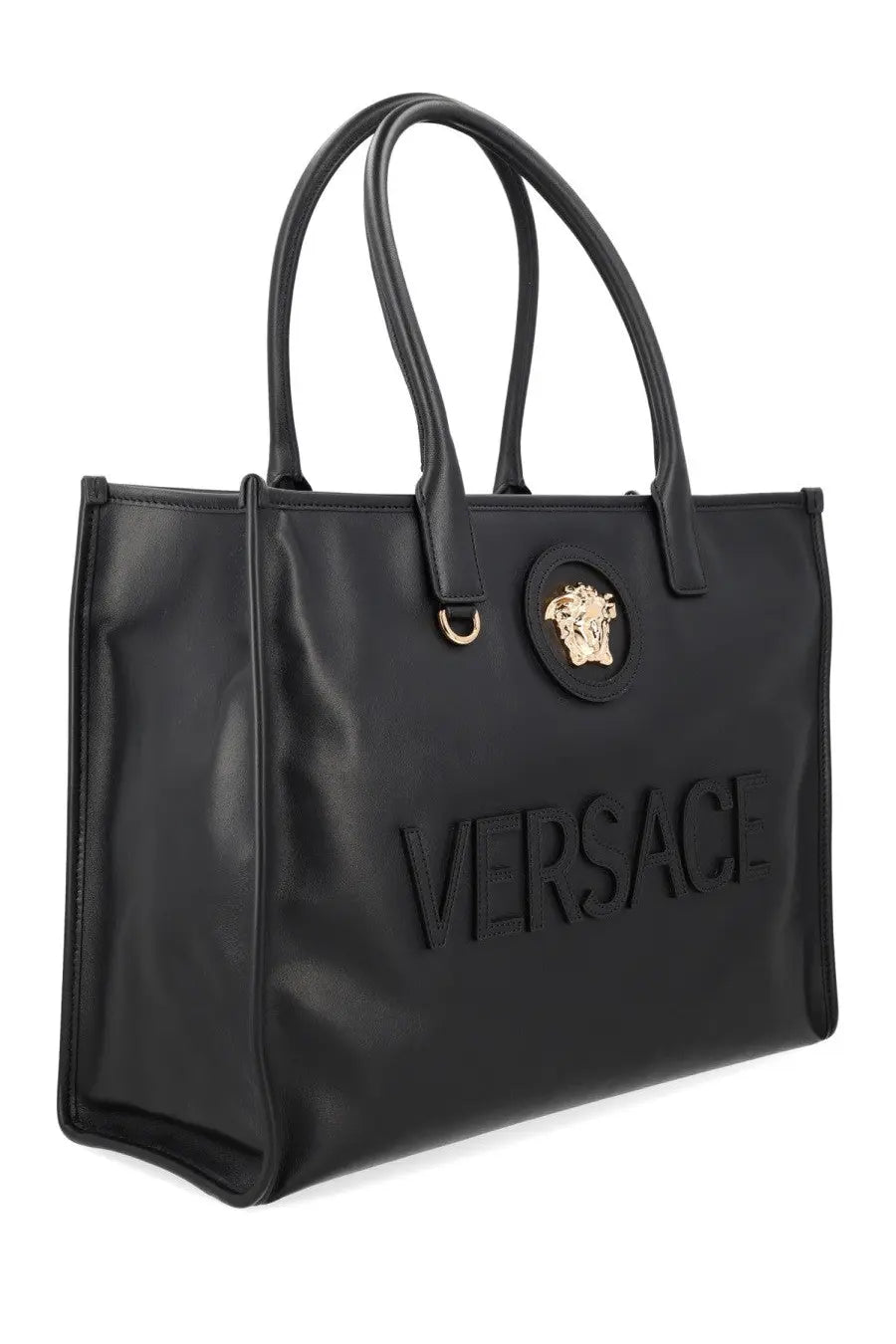 Versace women’s black leather tote bag with embossed logo and gold-tone medusa emblem for stylish carrying