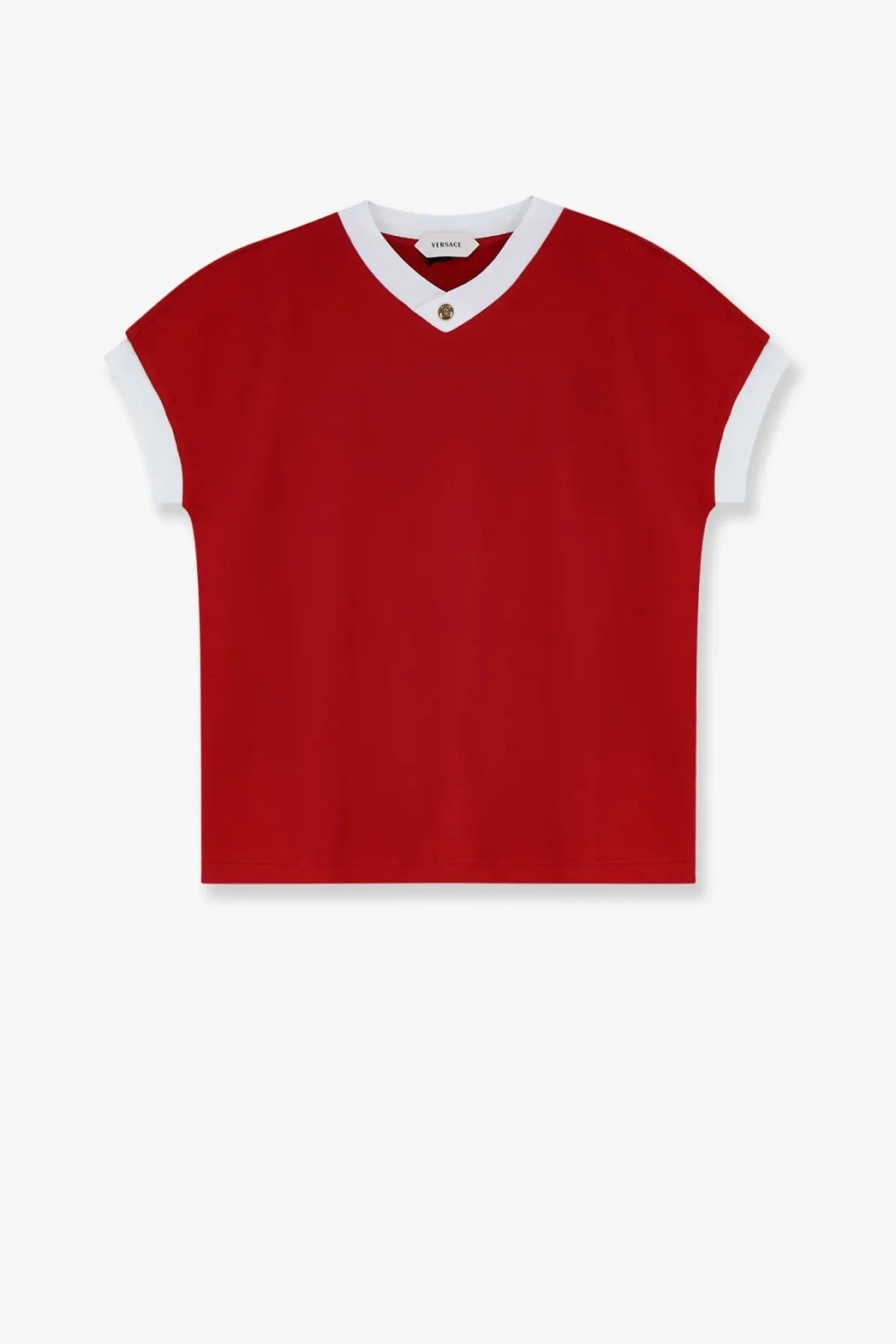 Versace women’s vintage cotton shirt white featuring a red short-sleeved v-neck with white trim and gold-tone button