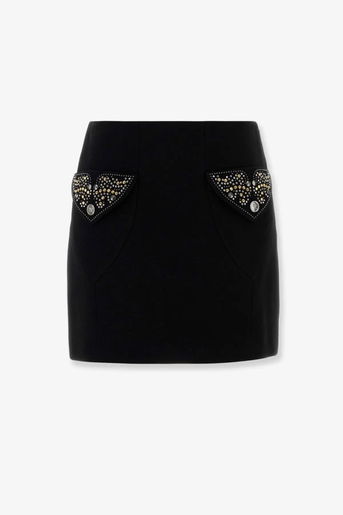 Versace women’s black virgin wool mini skirt with decorative beaded triangular appliqués on front pockets