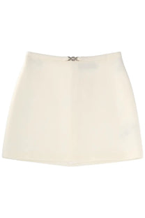 Versace women’s cream-colored virgin wool miniskirt with sleek fabric and silver-toned metallic buckle at the waist