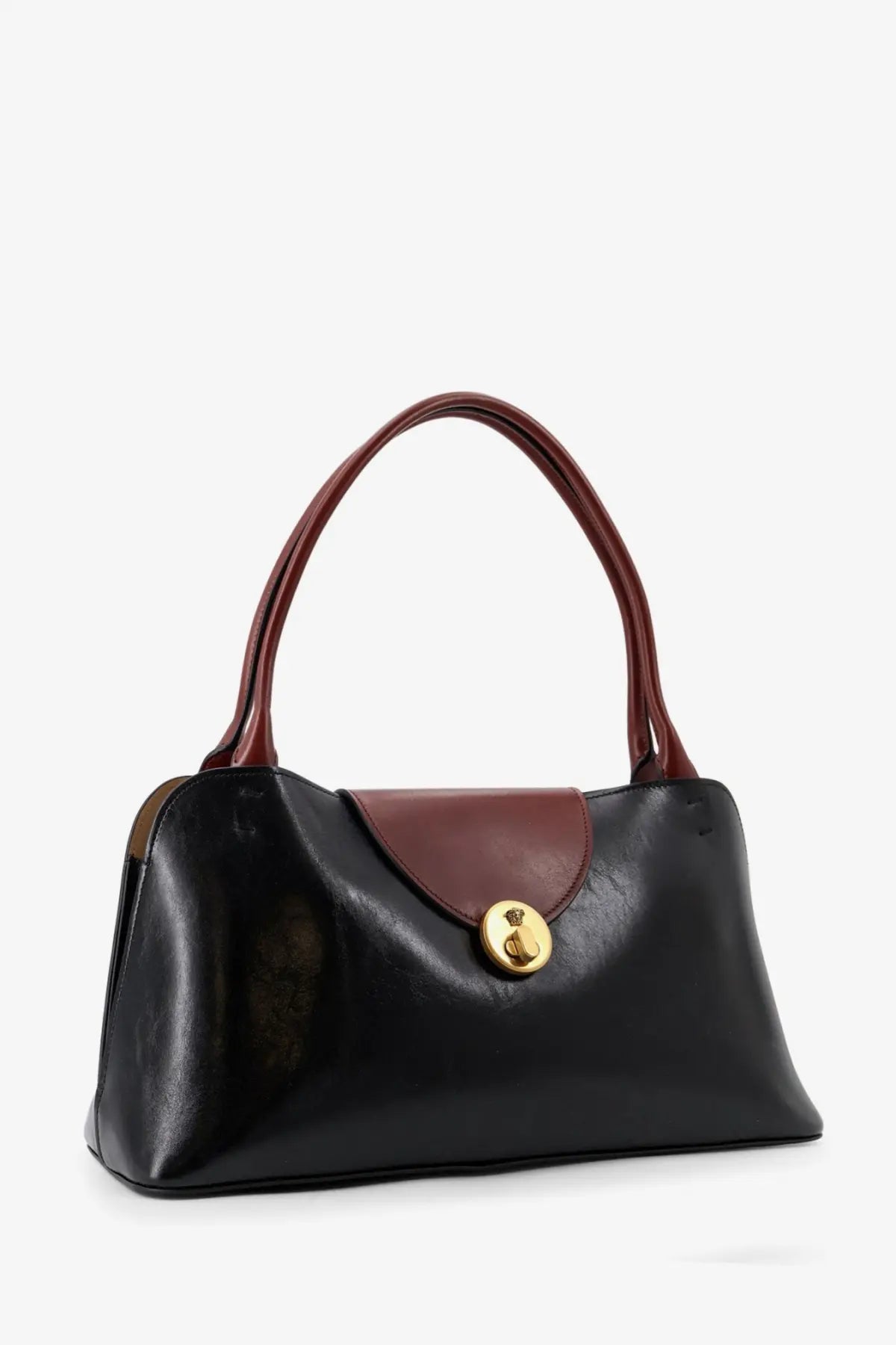 Versace women’s vivian leather shoulder bag in black and brown leather with gold tone clasp