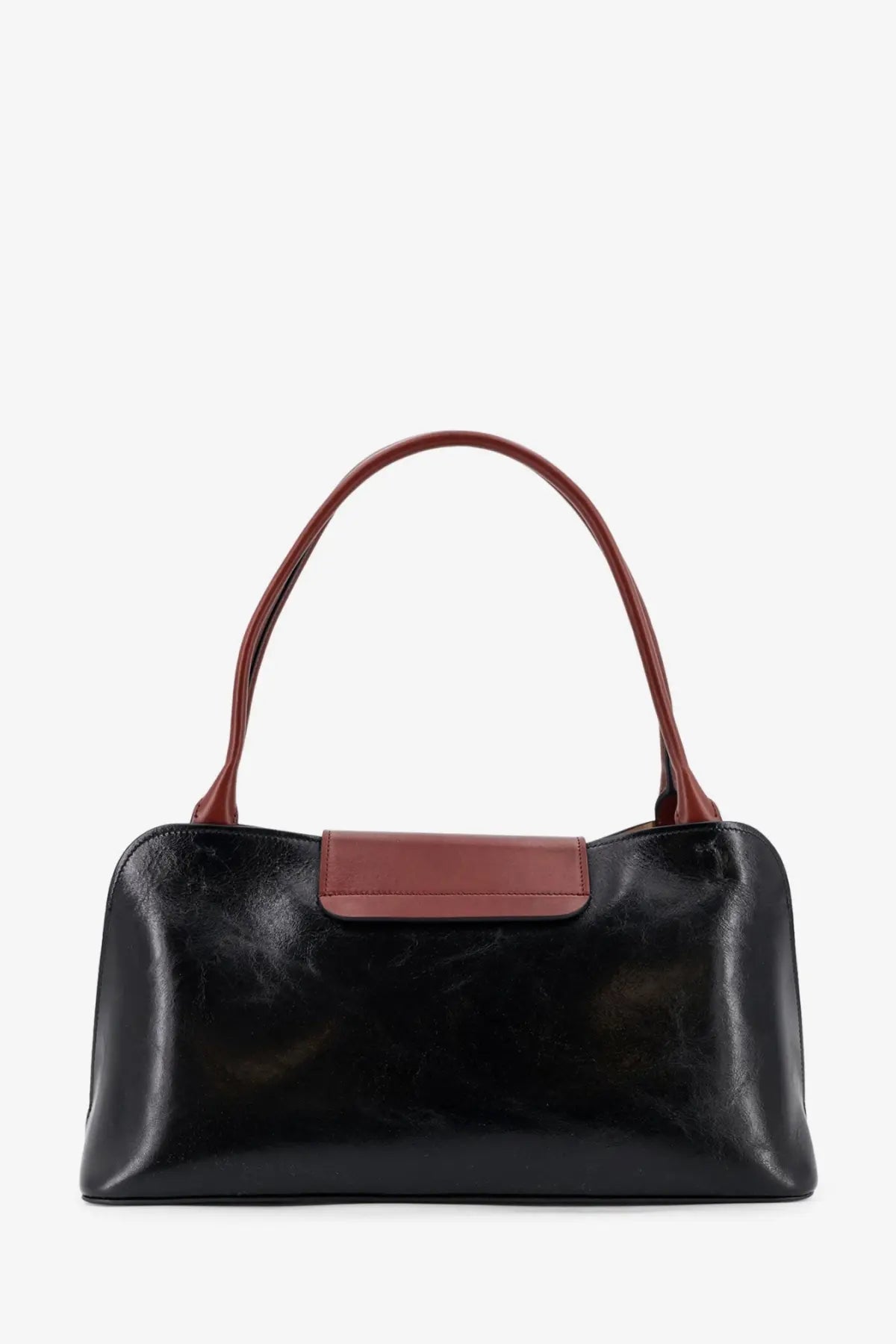 Versace women’s Vivian leather shoulder bag in black with contrasting brown handles and matching rectangular flap