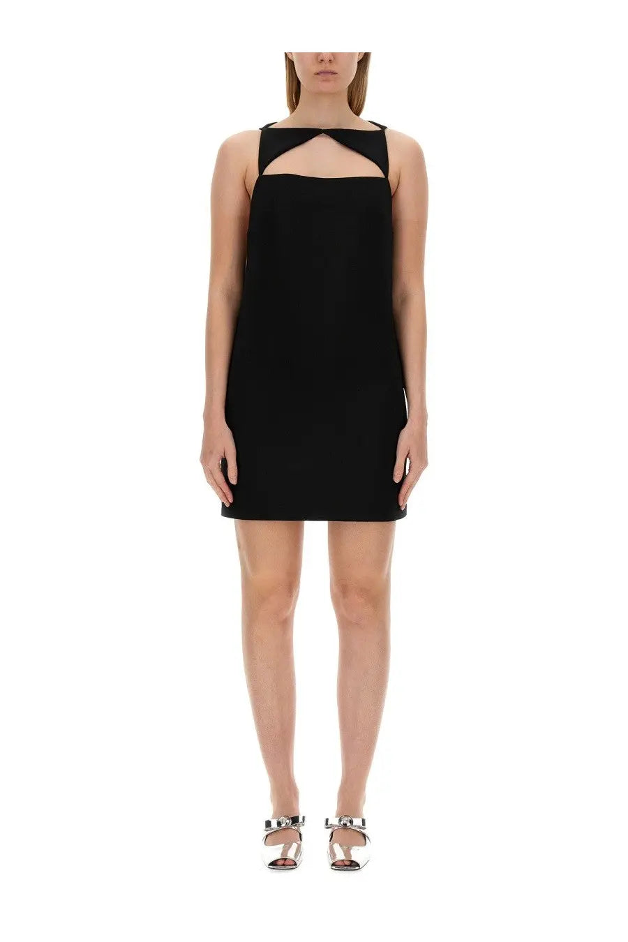 Versace women’s black wool blend sleeveless mini dress with a distinctive cutout neckline and straight fit
