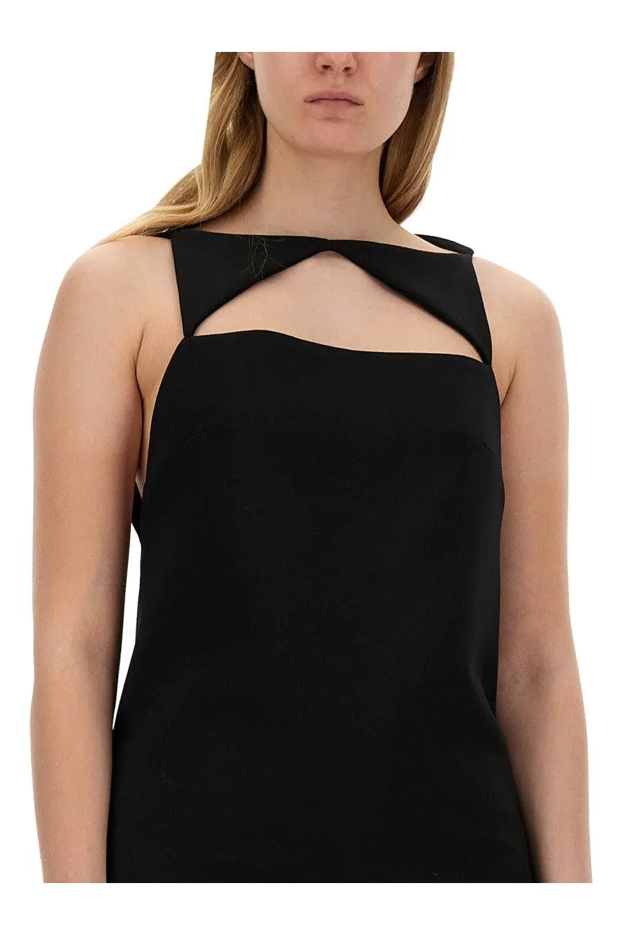 Versace women’s black wool blend mini dress with sleeveless cut out neckline and structured shoulder straps