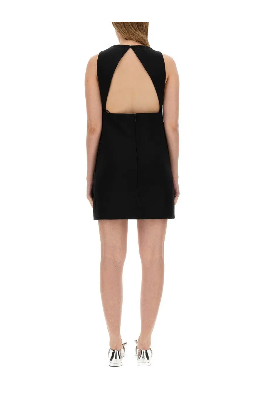 Versace women’s black wool blend sleeveless mini dress showing back with cut-out detail and central zipper closure