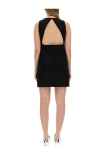Versace women’s black wool blend sleeveless mini dress showing back with cut-out detail and central zipper closure