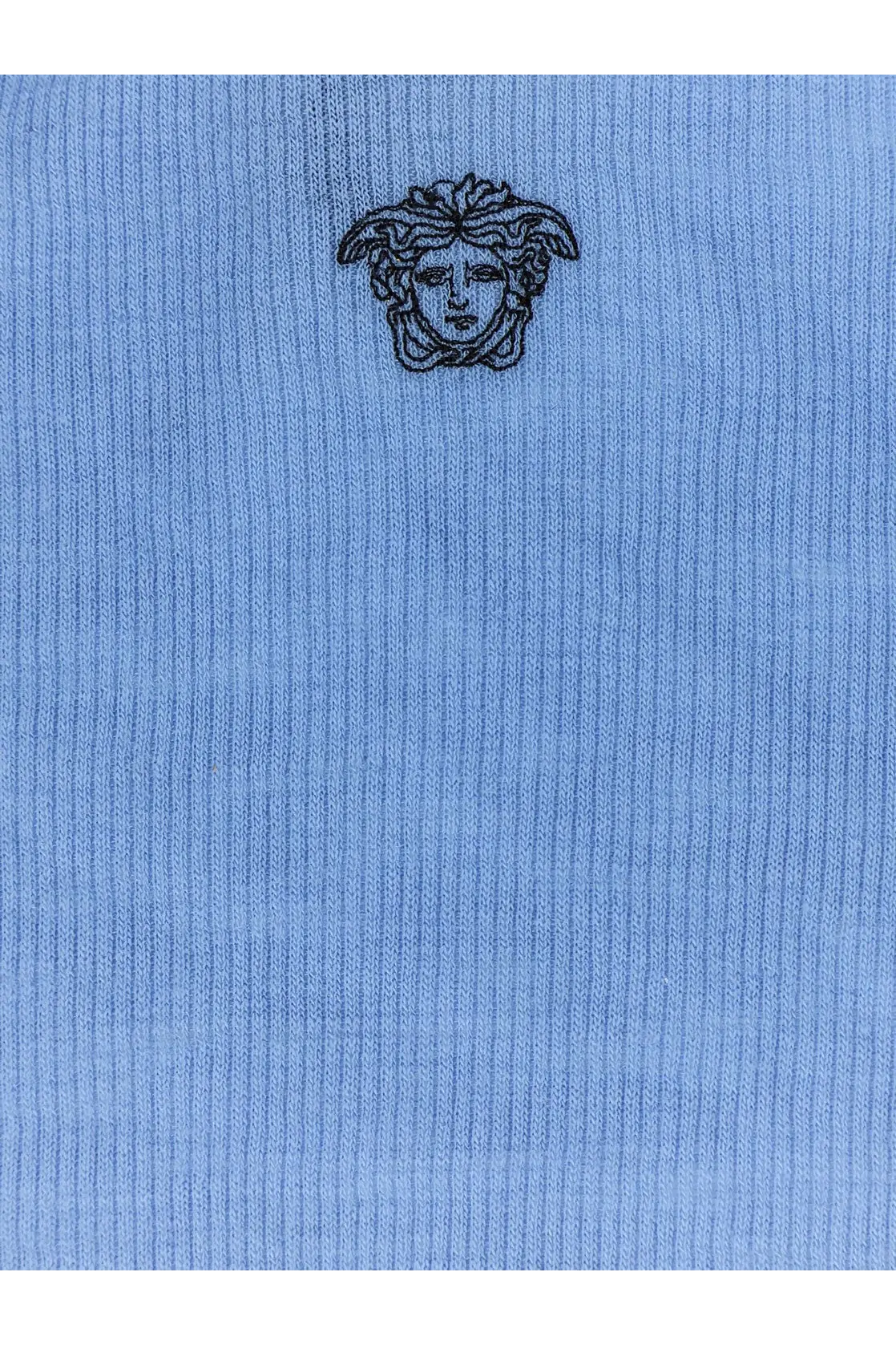 Versace women’s light blue wool tank top with ribbed knit texture and black embroidered Medusa head logo