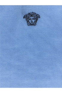 Versace women’s light blue wool tank top with ribbed knit texture and black embroidered Medusa head logo