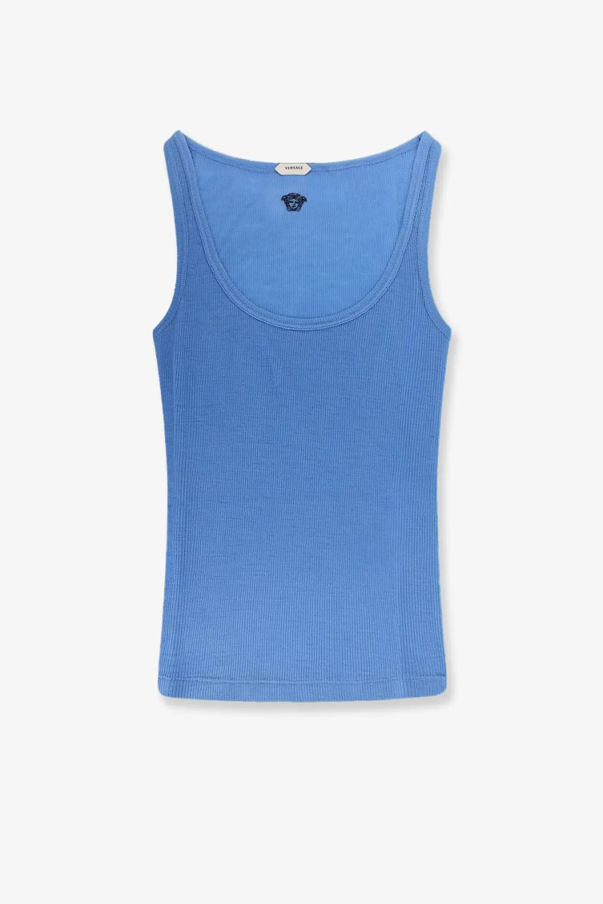 Versace womens light blue wool ribbed tank top with rounded neckline and logo embroidered at back of neck