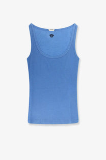 Versace womens light blue wool ribbed tank top with rounded neckline and logo embroidered at back of neck
