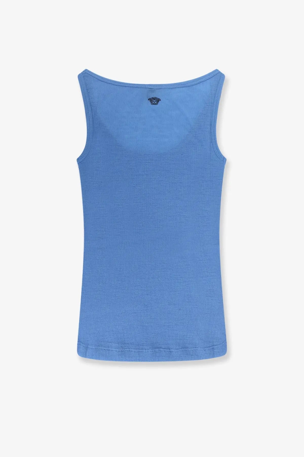 Versace women’s blue wool tank top with ribbed texture and small black logo at the neckline