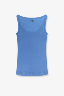 Versace women’s blue wool tank top with ribbed texture and small black logo at the neckline