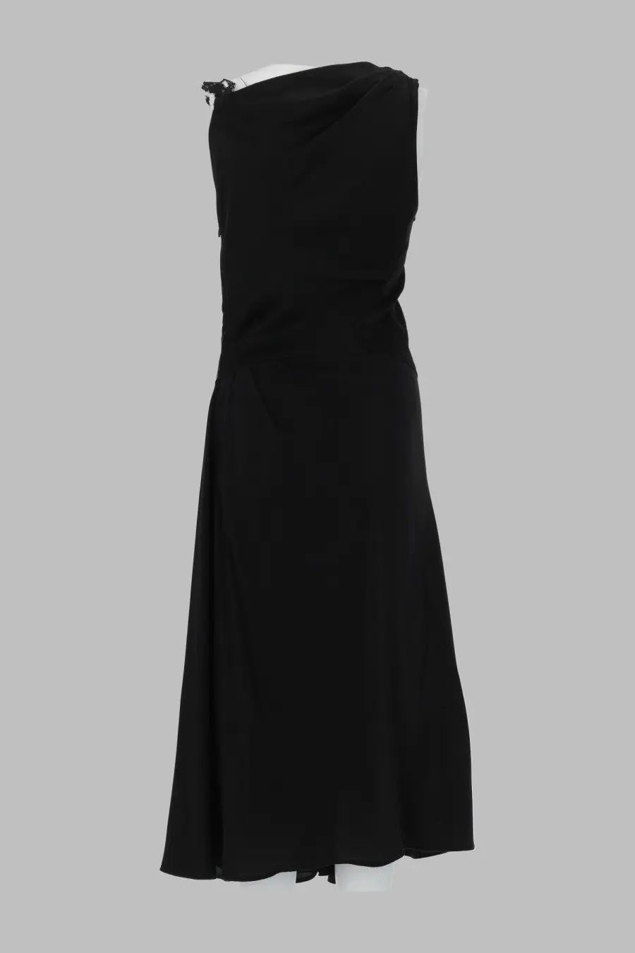 Victoria Beckham women’s black sleeveless dress with lace inserts featuring a draped asymmetrical neckline and ruching