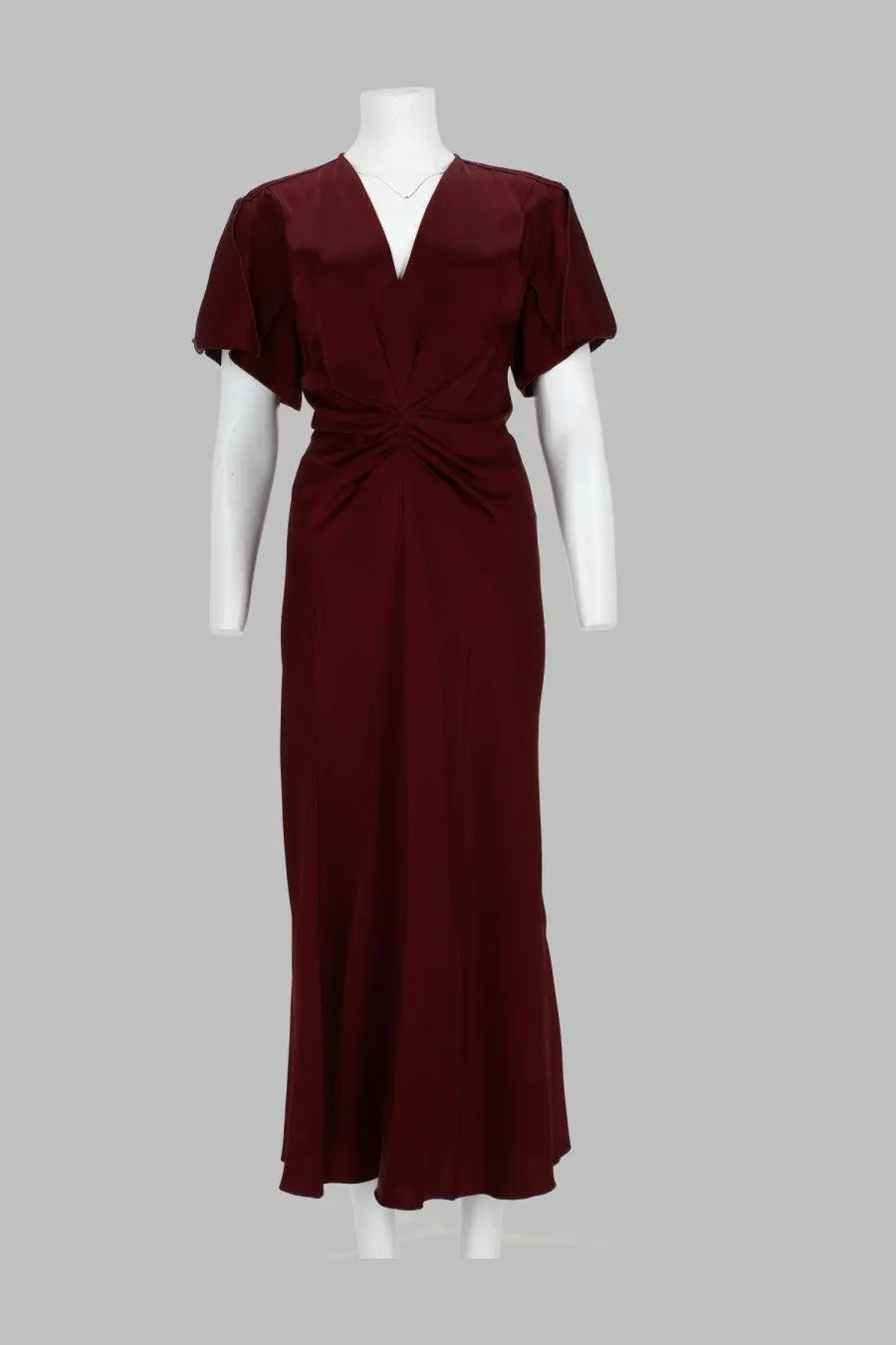 Victoria Beckham women’s burgundy satin midi gown with flutter sleeves and draped waist detail in red