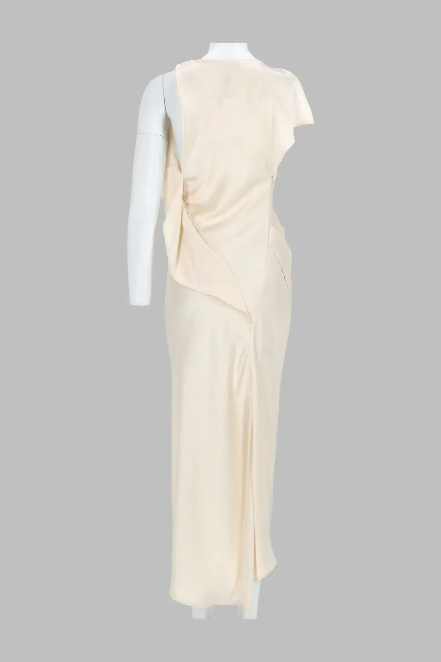 Cream-colored satin midi gown with asymmetrical one-shoulder design and draped fabric detail by Victoria Beckham