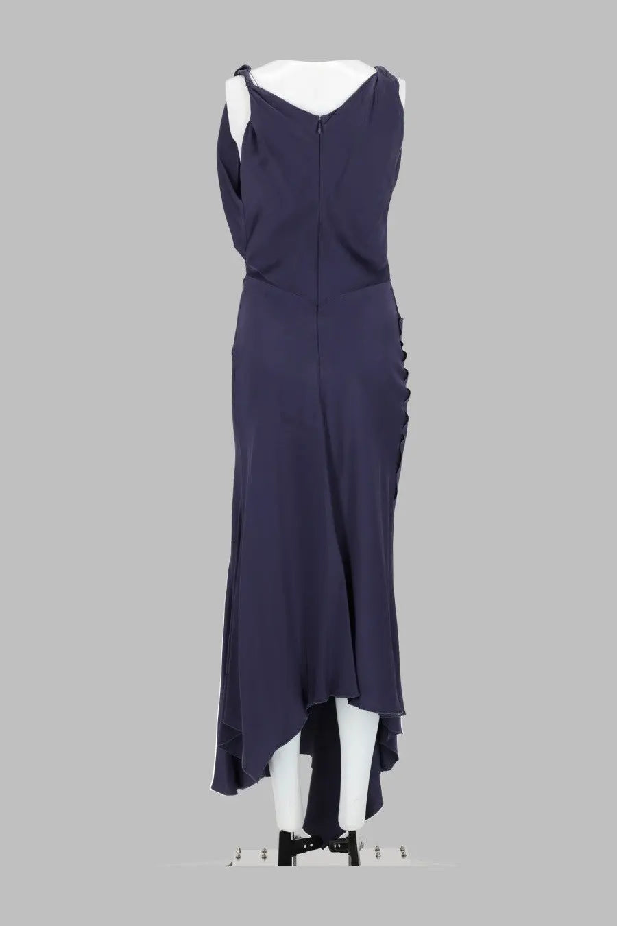 Victoria Beckham women’s abito midi posy blue navy blue sleeveless satin gown with v-neckline side slit and asymmetrical hem