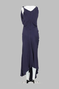 Victoria Beckham women’s abito midi posy blue navy blue sleeveless satin gown with v-neckline side slit and asymmetrical hem
