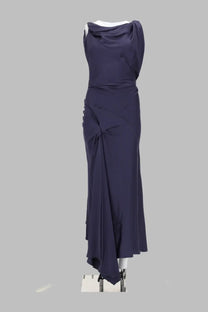 Victoria Beckham women’s abito midi posy blue sleek navy satin gown with draped neckline and asymmetrical hemline