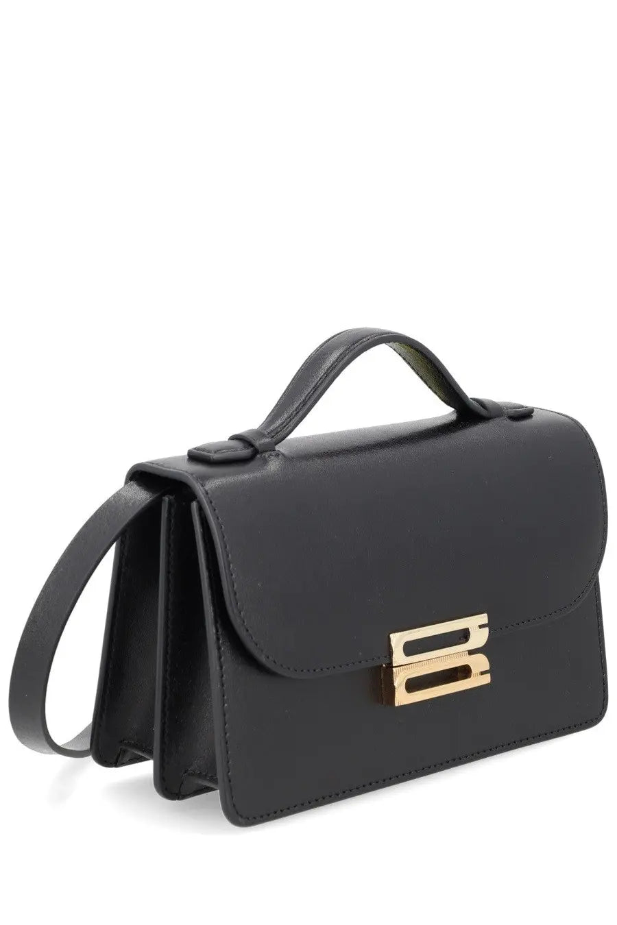 Victoria Beckham women’s bag Dorian small black leather satchel with gold tone rectangular clasp and top handle