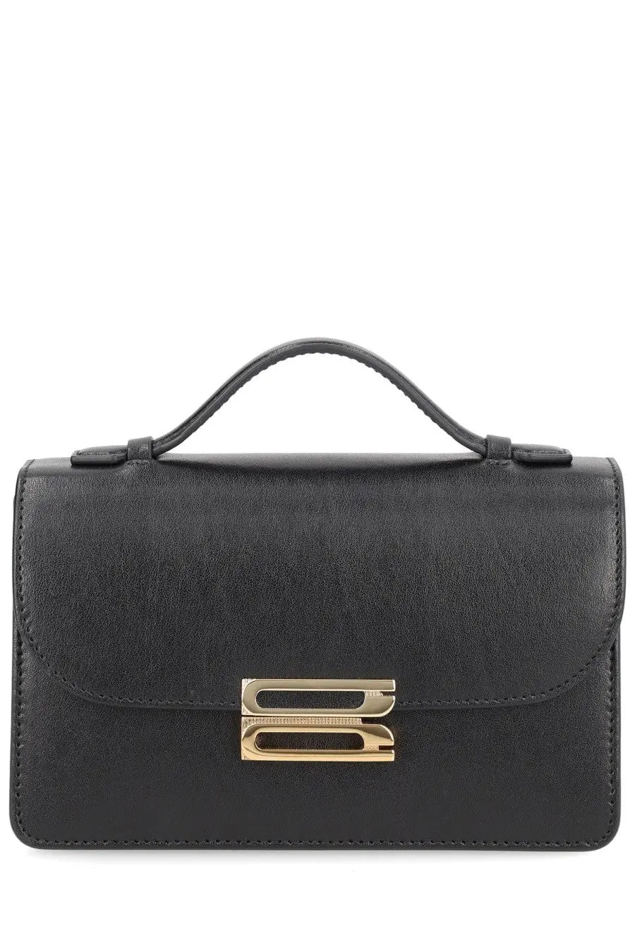 Victoria Beckham women’s black leather satchel bag with gold-tone metal clasp and top handle named Dorian Small