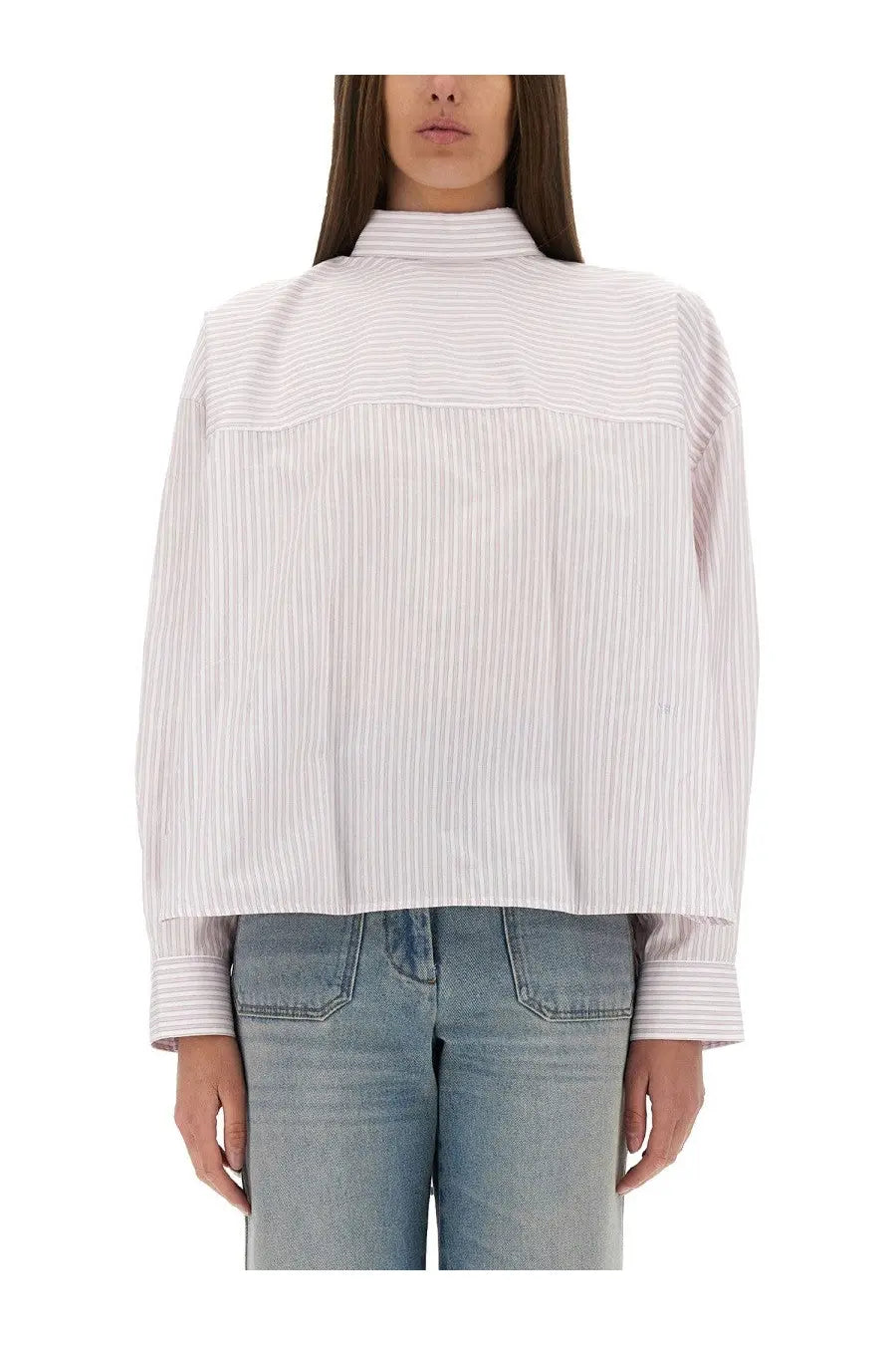 Victoria Beckham women’s blouse blue with white and light gray vertical stripes high collar and long sleeves