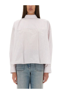 Victoria Beckham women’s blouse blue with white and light gray vertical stripes high collar and long sleeves