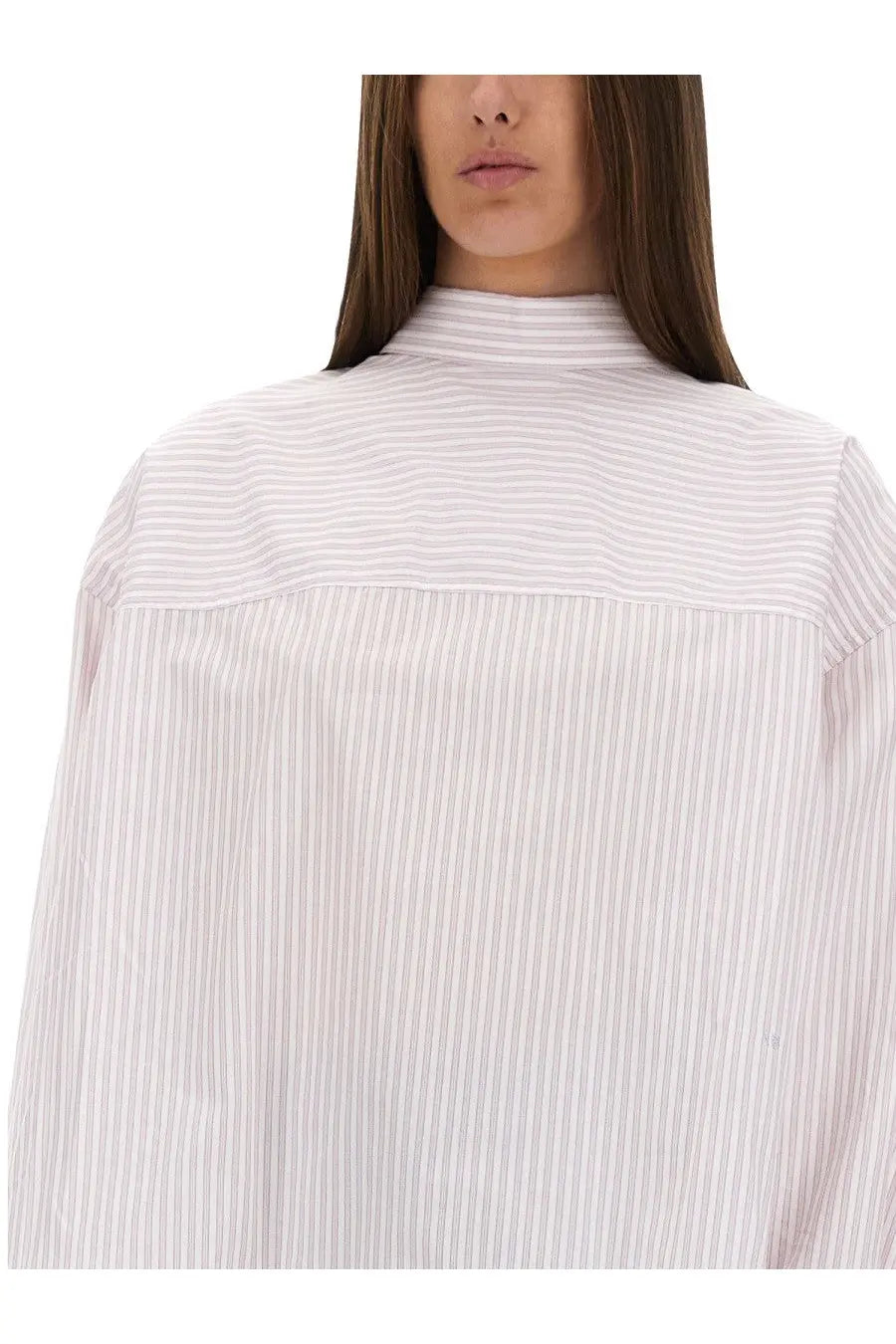 Victoria Beckham women’s blouse blue with white and light gray vertical stripes and a high collar in soft fabric