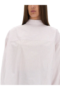 Victoria Beckham women’s blouse blue with white and light gray vertical stripes and a high collar in soft fabric