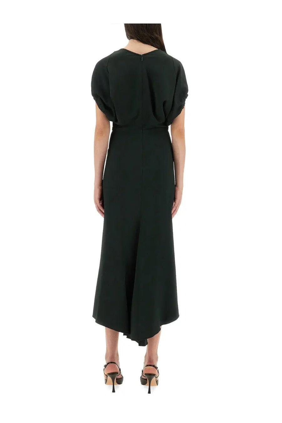 Victoria Beckham women’s blouson midi dress in dark green with fitted waist and flowing asymmetrical hemline