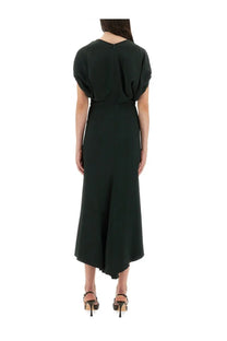 Victoria Beckham women’s blouson midi dress in dark green with fitted waist and flowing asymmetrical hemline