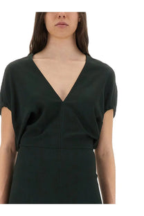 Victoria Beckham women’s blouson midi dress in dark green with deep v-neckline and short sleeves