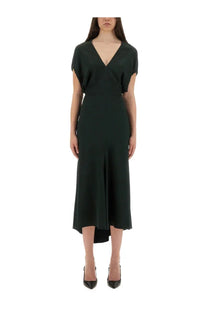 Victoria Beckham women’s blouson midi dress in dark green with v-neckline and short flutter sleeves