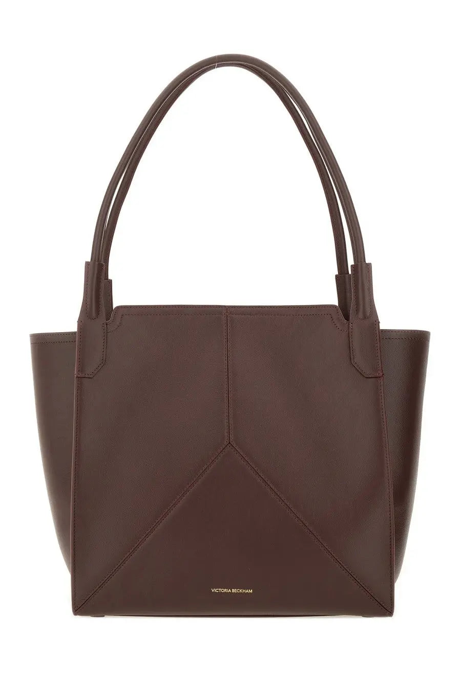 Victoria Beckham women’s borsa tote victoria red is a sleek dark brown leather tote bag with geometric design and dual handles
