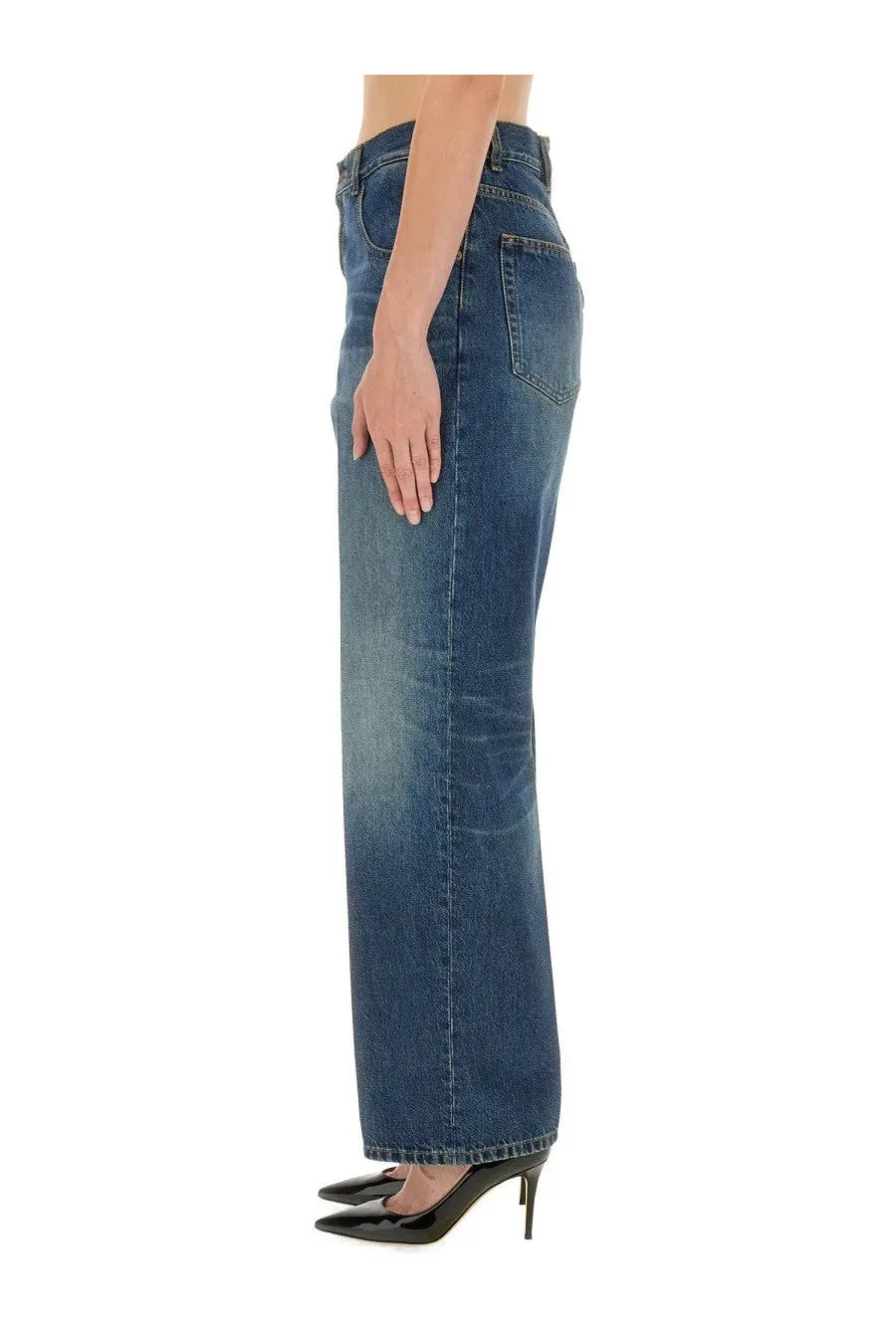 Victoria Beckham women’s boyfriend high-waisted wide-leg denim jeans in medium blue wash with subtle fading and classic stitching