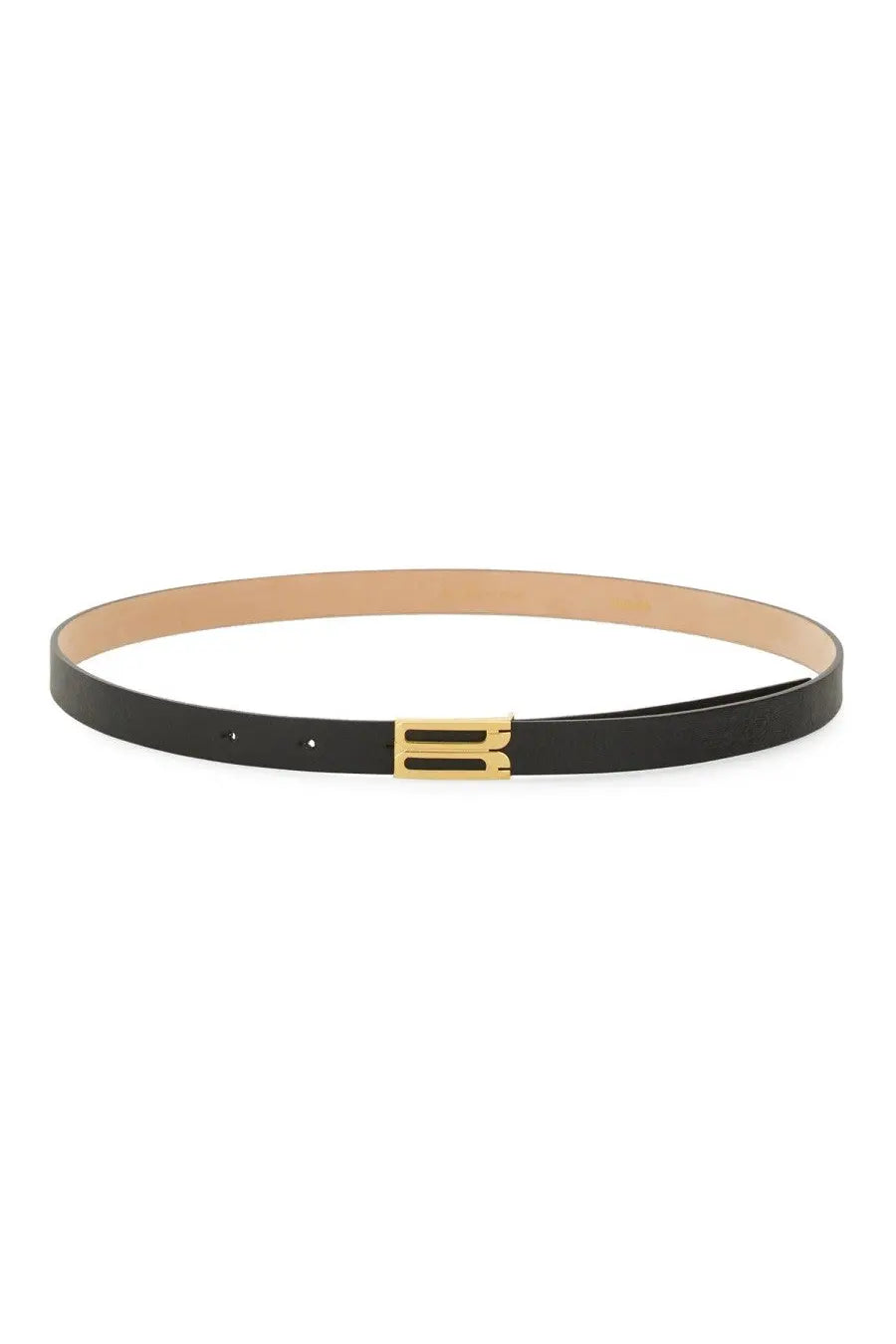Black leather victoria beckham cinturai micro frame belt with sleek gold tone rectangular embossed logo buckle