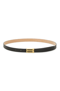 Black leather victoria beckham cinturai micro frame belt with sleek gold tone rectangular embossed logo buckle