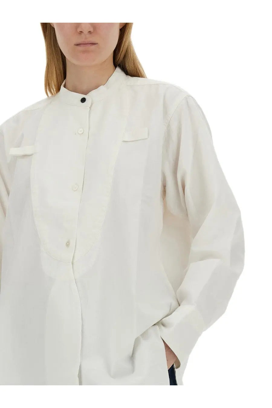 Victoria Beckham women’s white loose-fitting cotton blouse with stand-up collar and subtle front pleats