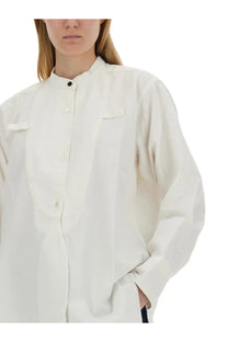 Victoria Beckham women’s white loose-fitting cotton blouse with stand-up collar and subtle front pleats