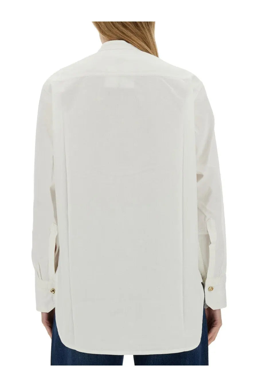 White cotton victoria beckham women’s shirt with long sleeves relaxed fit and subtle back pleats showing from back side