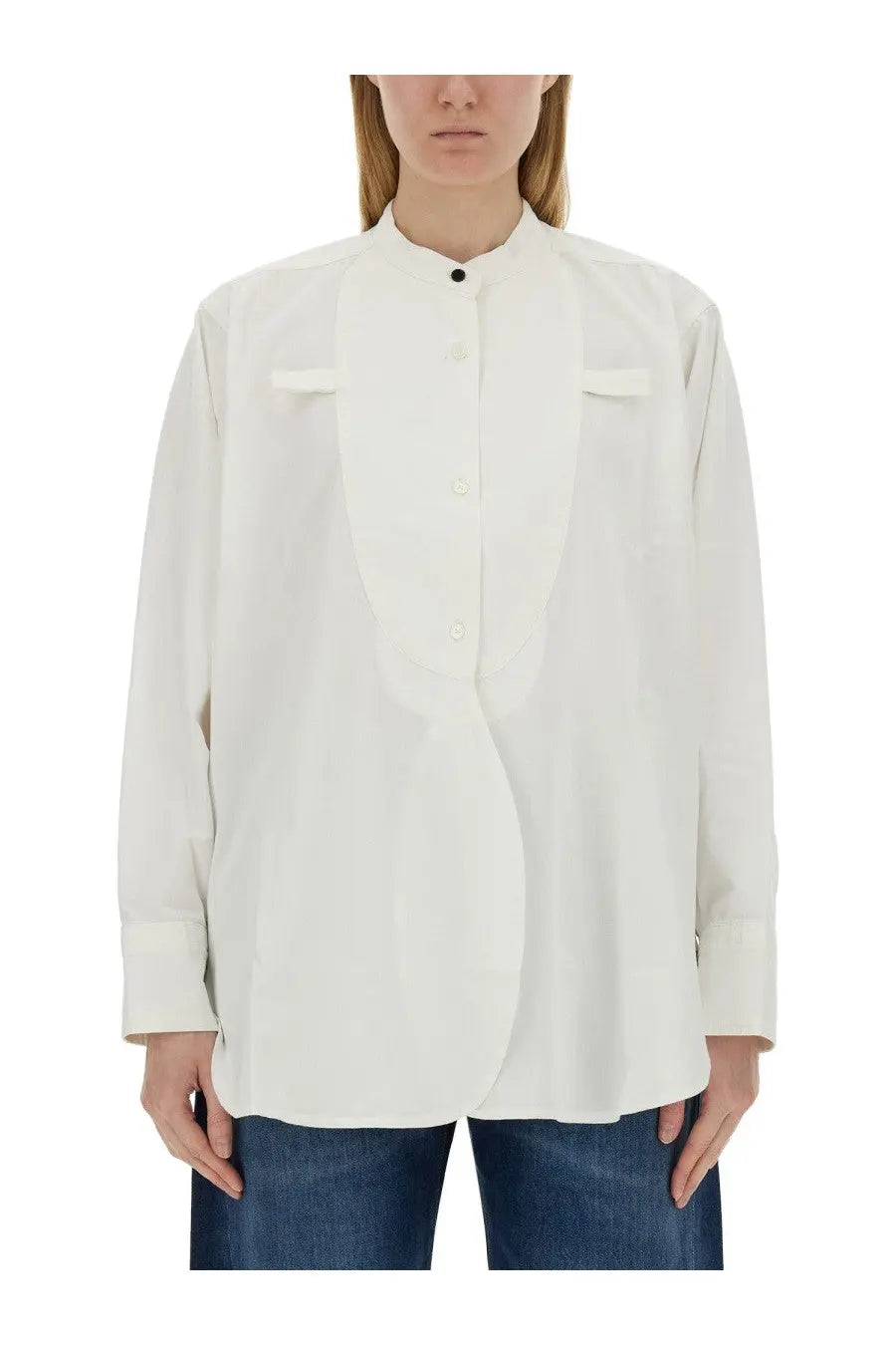 Victoria Beckham women’s cotton shirt white long-sleeved blouse with high collar and button-down front