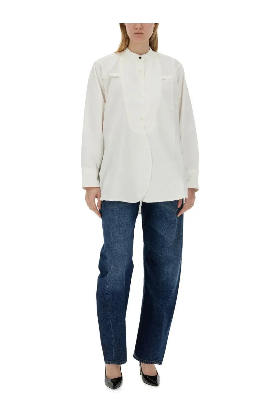 Victoria Beckham women’s white cotton oversized button-up blouse with stand collar and two chest pockets