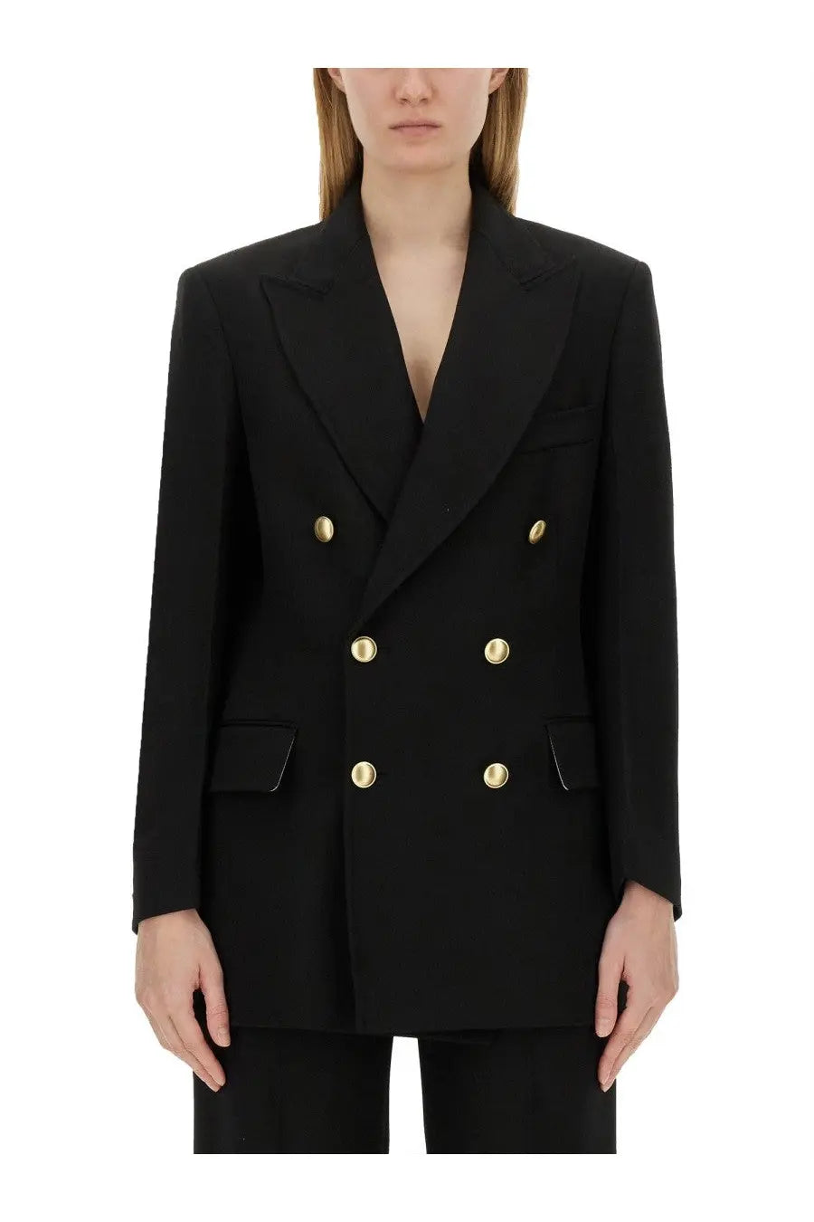Victoria Beckham women’s black double breasted blazer with gold tone buttons in a tailored blazer style
