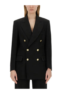 Victoria Beckham women’s black double breasted blazer with gold tone buttons in a tailored blazer style