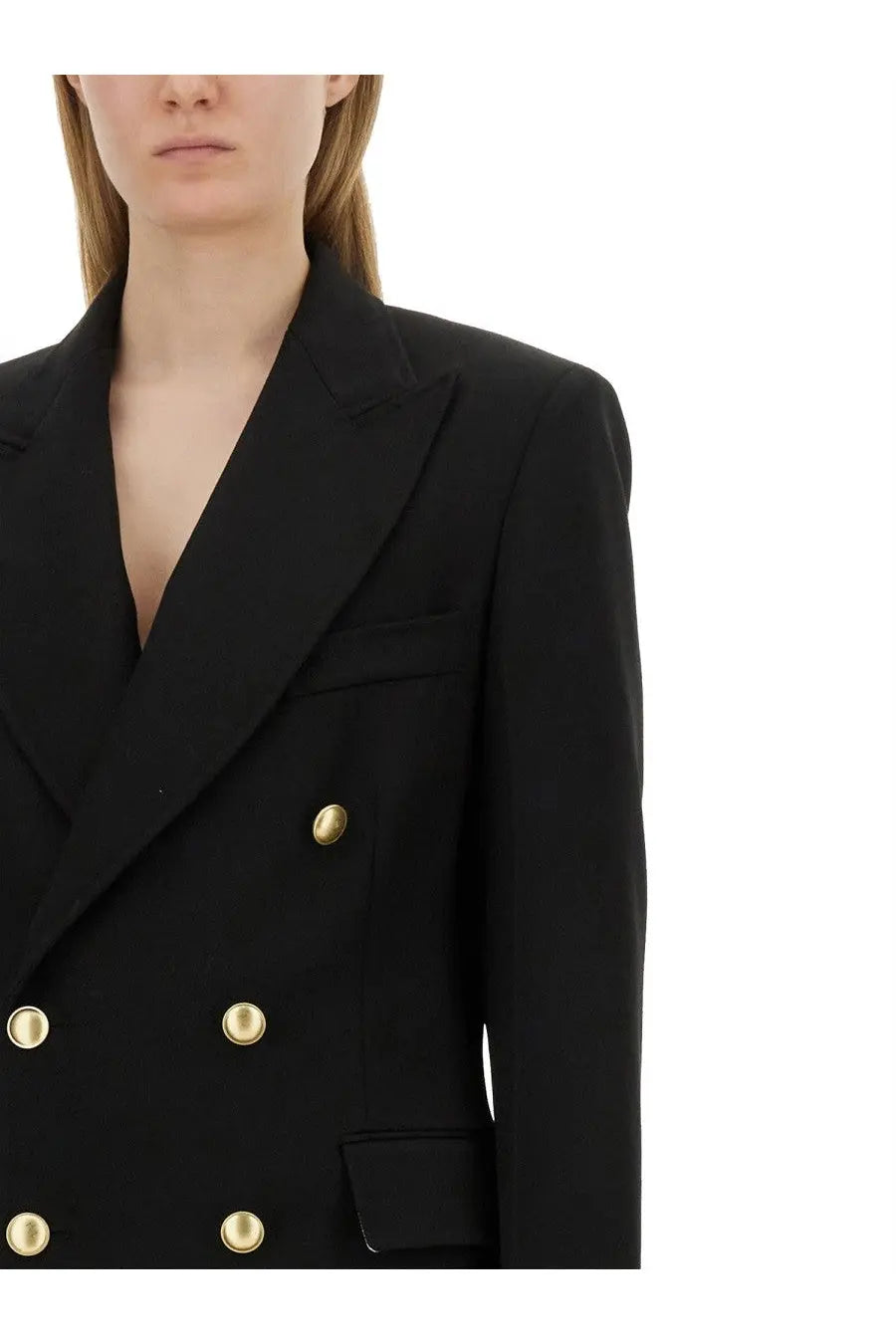 Victoria Beckham women’s black double breasted blazer with gold toned buttons for a stylish formal look