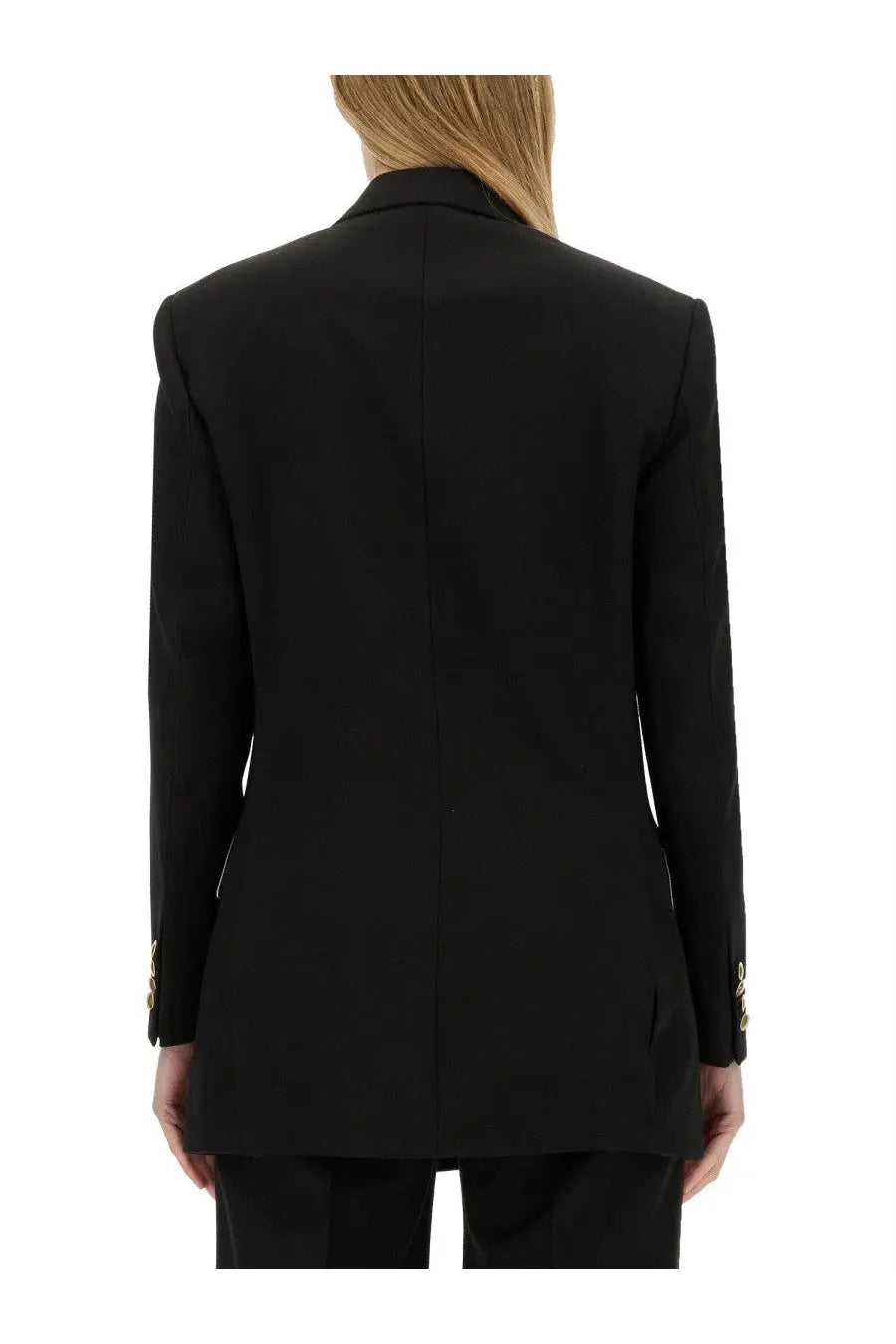 Victoria Beckham women’s black double breasted tailored blazer with gold tone button details on the cuffs