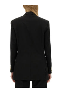 Victoria Beckham women’s black double breasted tailored blazer with gold tone button details on the cuffs