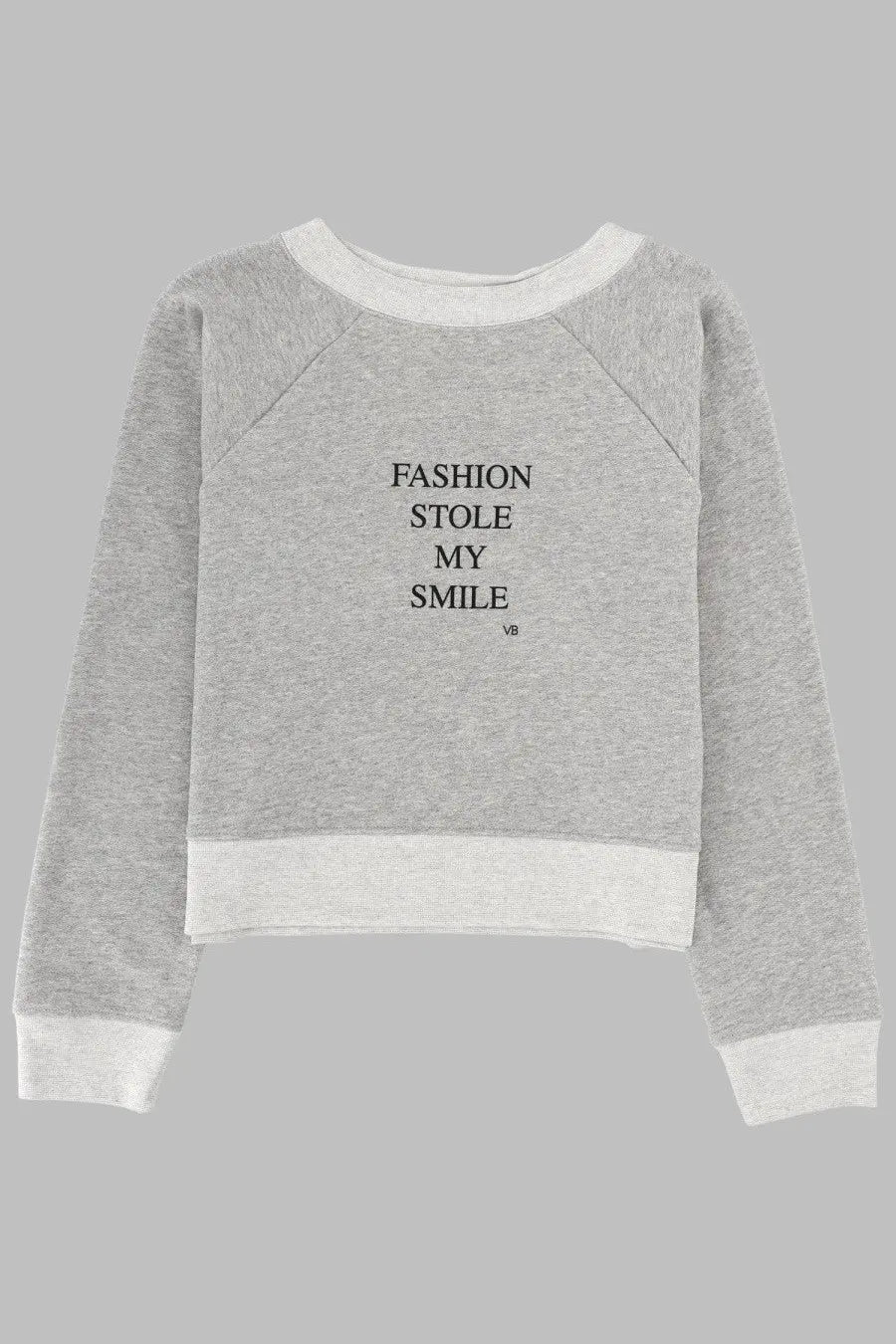 Victoria Beckham women’s grey felpa con stampa cropped sweatshirt with white ribbed cuffs collar and fashion stole my smile text