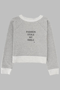 Victoria Beckham women’s grey felpa con stampa cropped sweatshirt with white ribbed cuffs collar and fashion stole my smile text